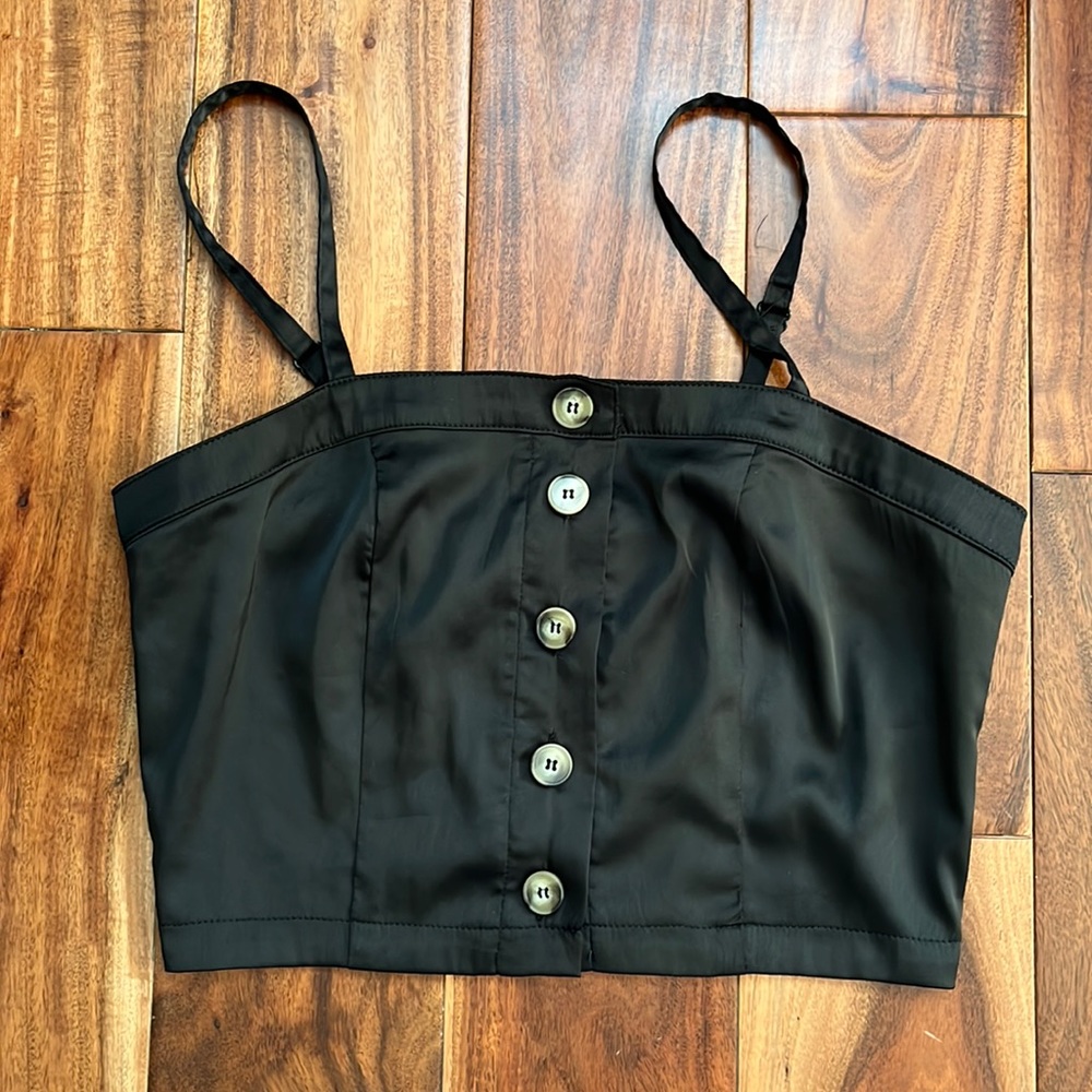 Miss Love Size Small Black Spaghetti Strap Buttoned Crop Top